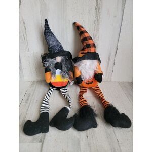 Halloween plush gnome Shelf sitting which candy corn set home decor